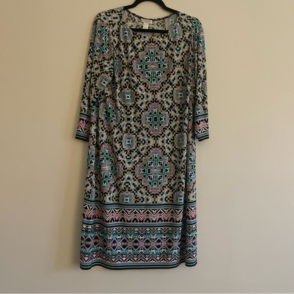 London Times Woman Geometric Mosaic Print 3/4 Sleeve Shift Dress Multi Color 14W